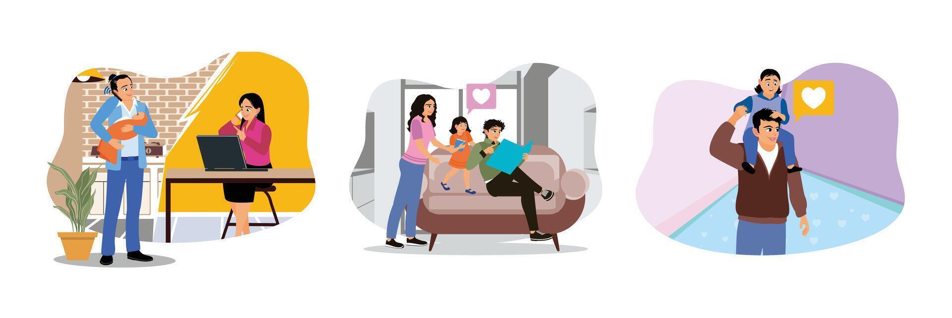 Childcare concept. Happy family playing and gathering together at home. vector