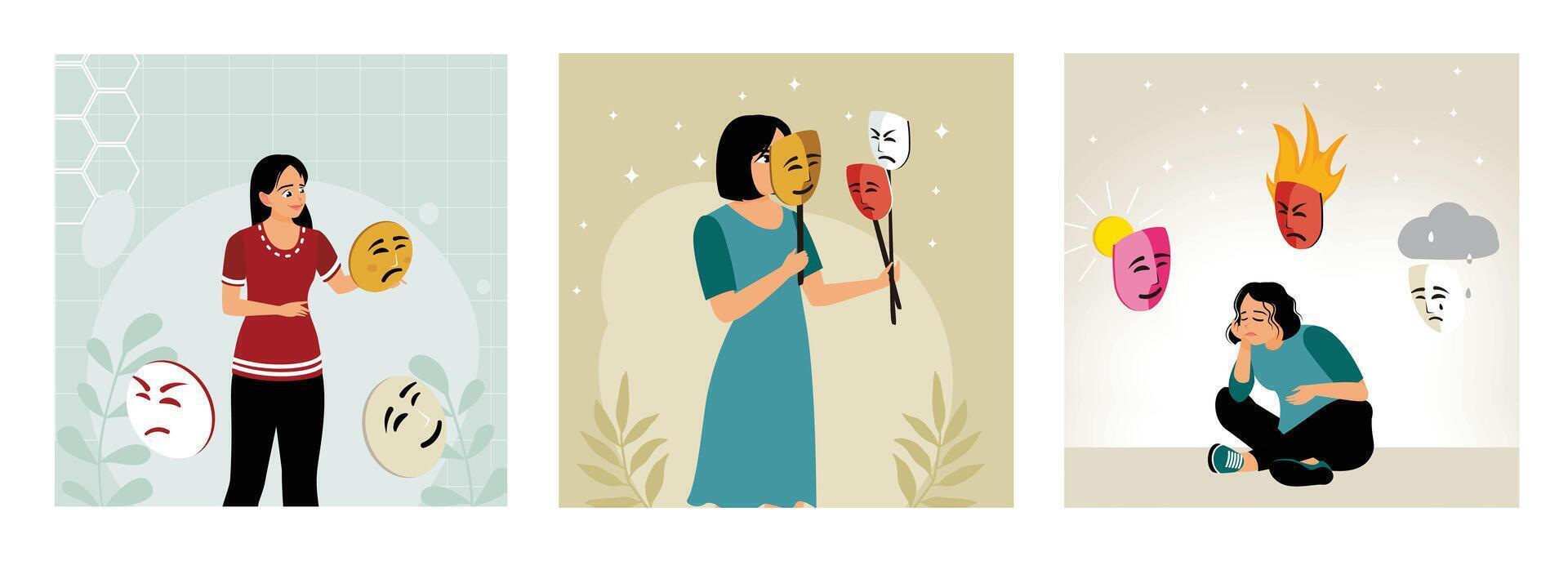 A woman with a mask of changing expressions of feelings. vector