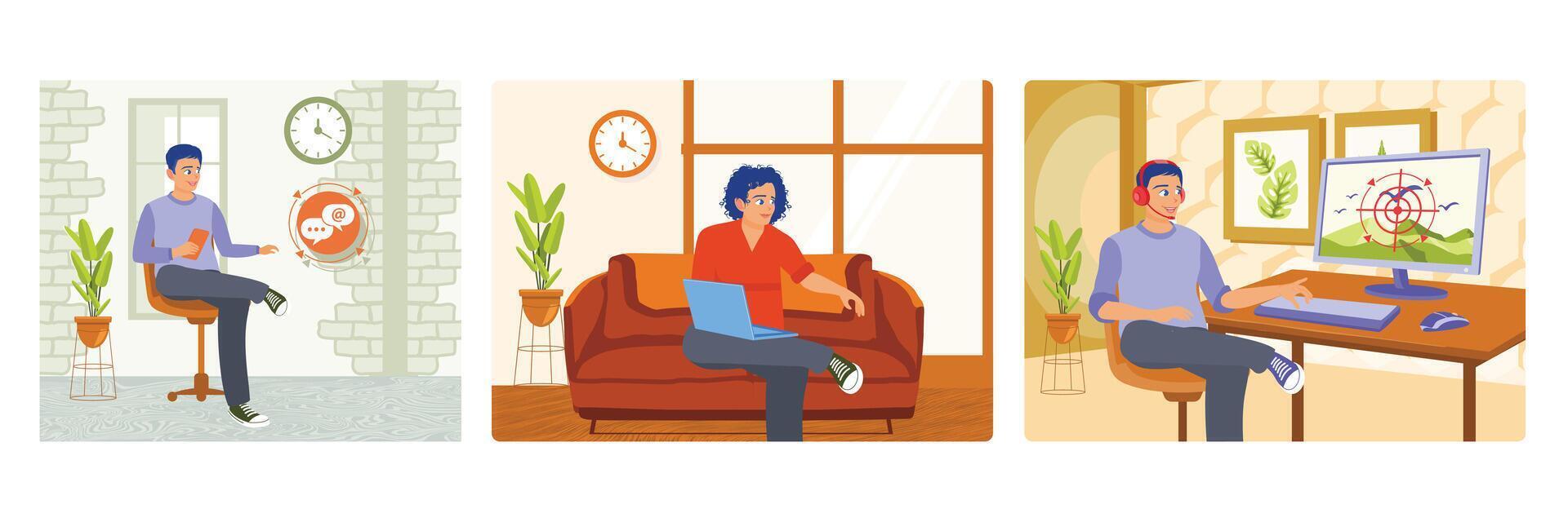 A Man Playing Hand Phone in Chair. Man Working with Laptop on Sofa. A Boy Plays Online Games. vector