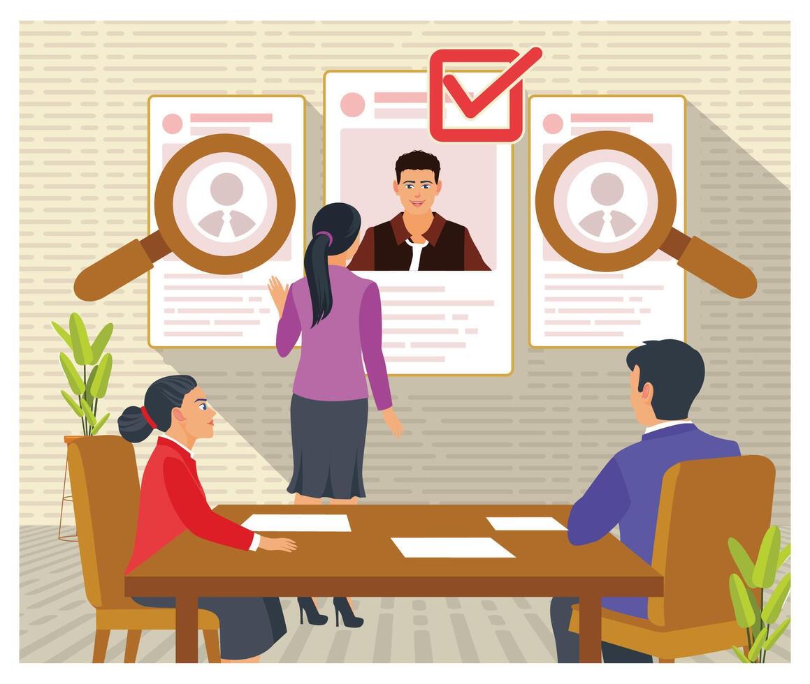 Professional Job Recruitment Scene with Staff Evaluating Resumes, and Selecting Suitable Candidates. vector