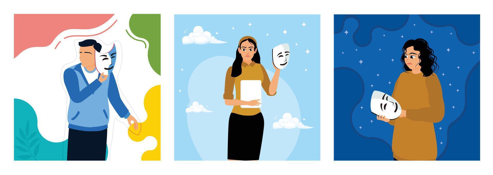 An unhappy woman hides fear with a smiling mask. vector
