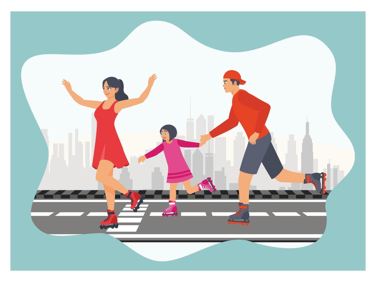Happy Family Enjoying Roller Skating on Street with Urban Buildings. vector