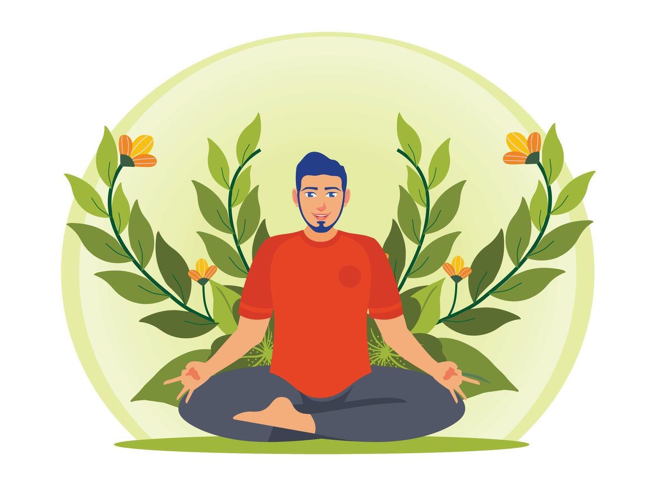 Man Meditating in Peaceful Nature Background with Plants and Flowers. vector