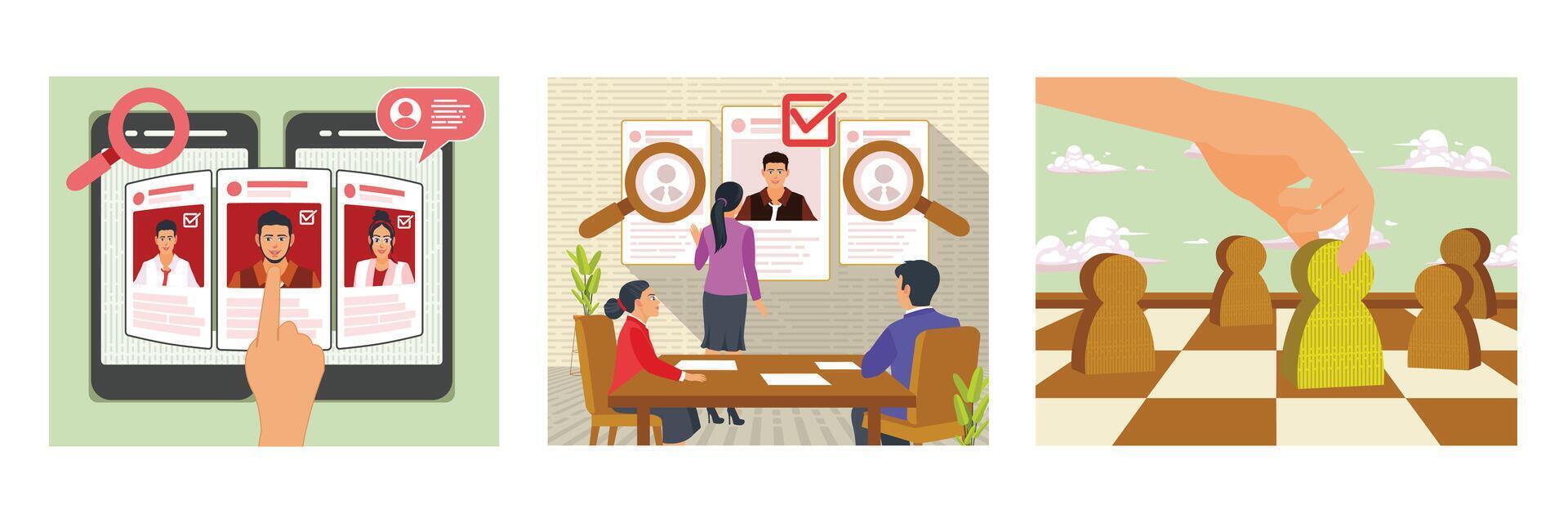 Online Profile Selection. Professional Job Recruitment Scene. Dismissal and hiring People. vector