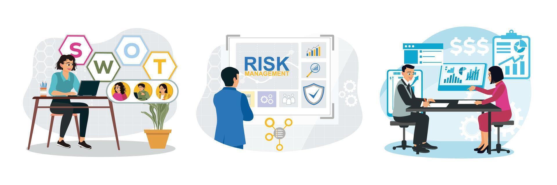 SWOT analysis. Risk management and assessment for business investment. vector
