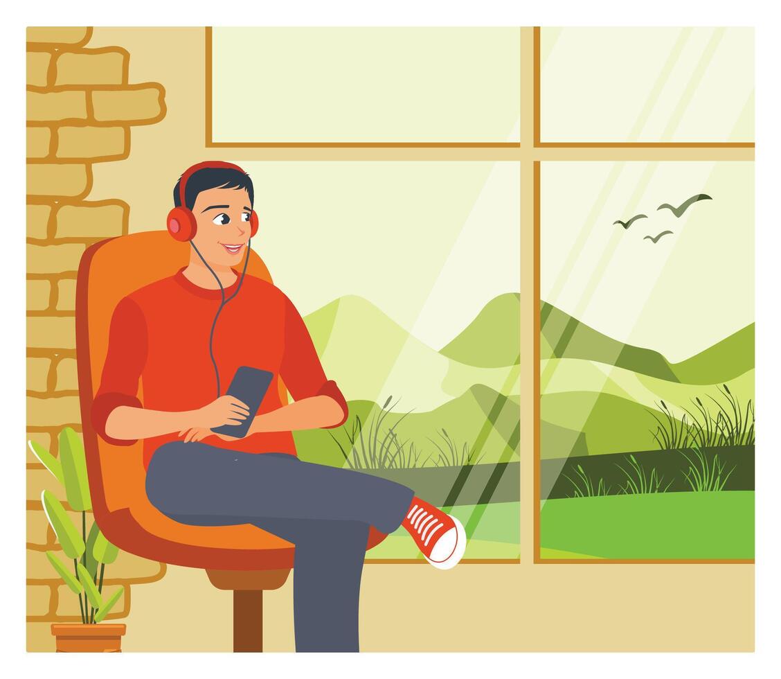 Young Man Relaxing With Headphones Listening to Music Near a Large Window. vector