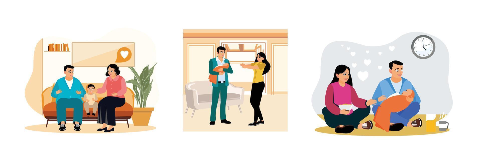The concept of parental leave. Happy young parents caring for their child with great affection. vector