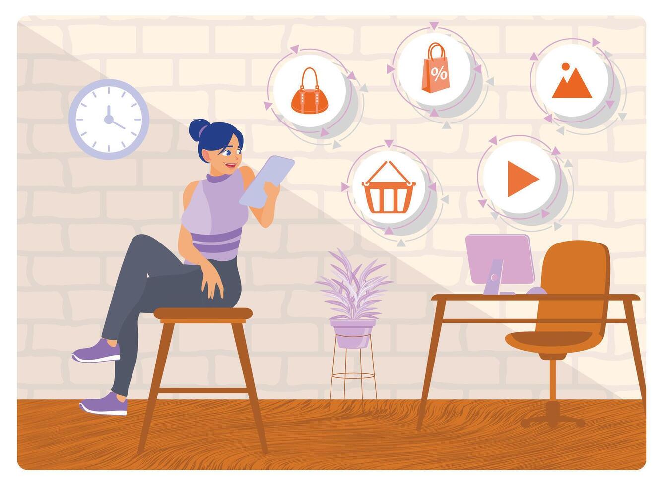 Girl Sitting in Comfy Chair and Surfing Internet on Her Smartphone. vector