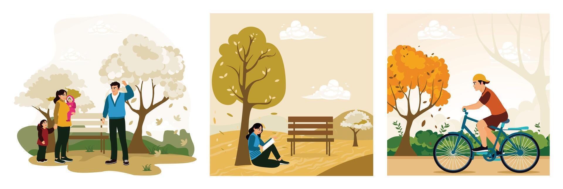 People do activities during autumn including walking, reading books, and cycling in the park. vector