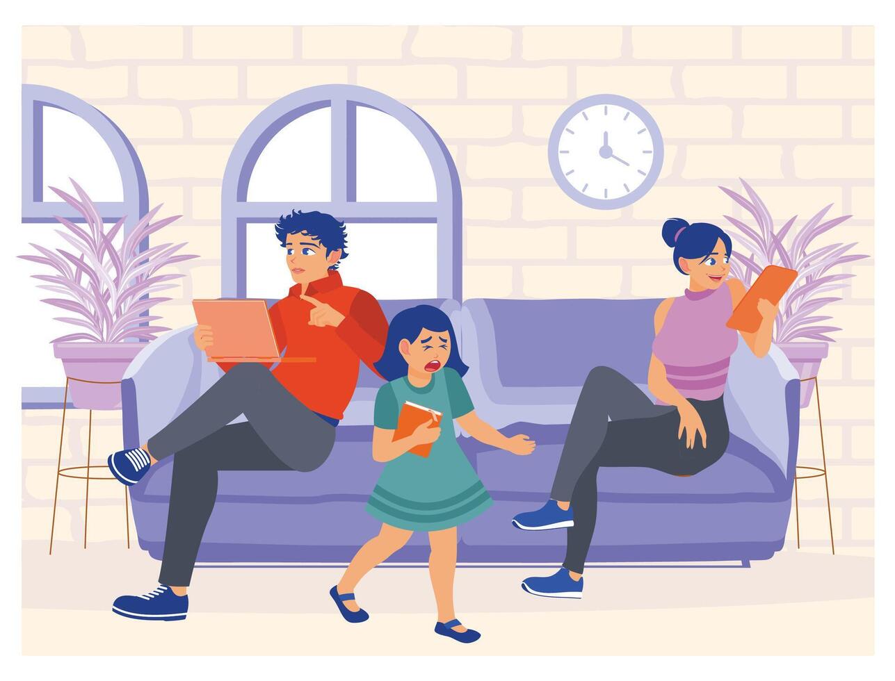 Family is Sitting on Couch Ignoring Each Other for Concept of Communication Problems. vector