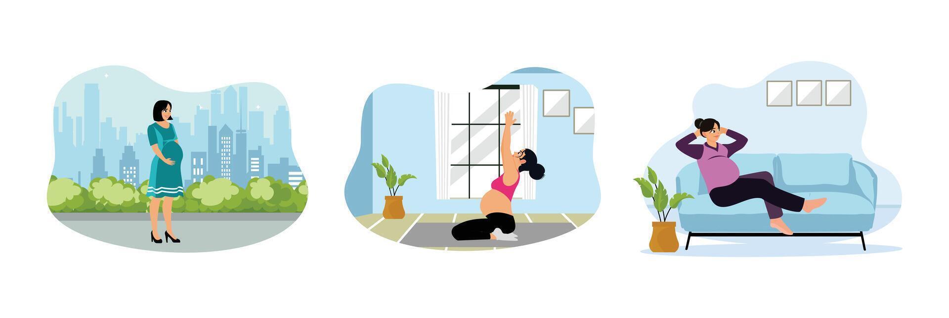 Pregnant women's activities include walking in the city park, practicing yoga, relaxing on the sofa. vector