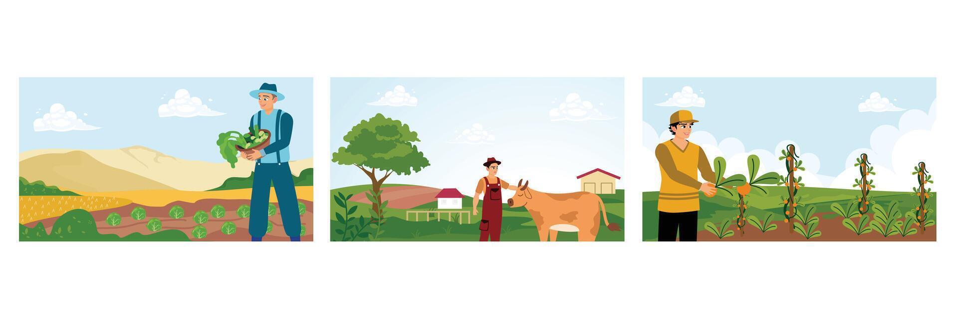A farmer carries a vegetable basket, tends a cow, and picks vegetables in a farm field. vector