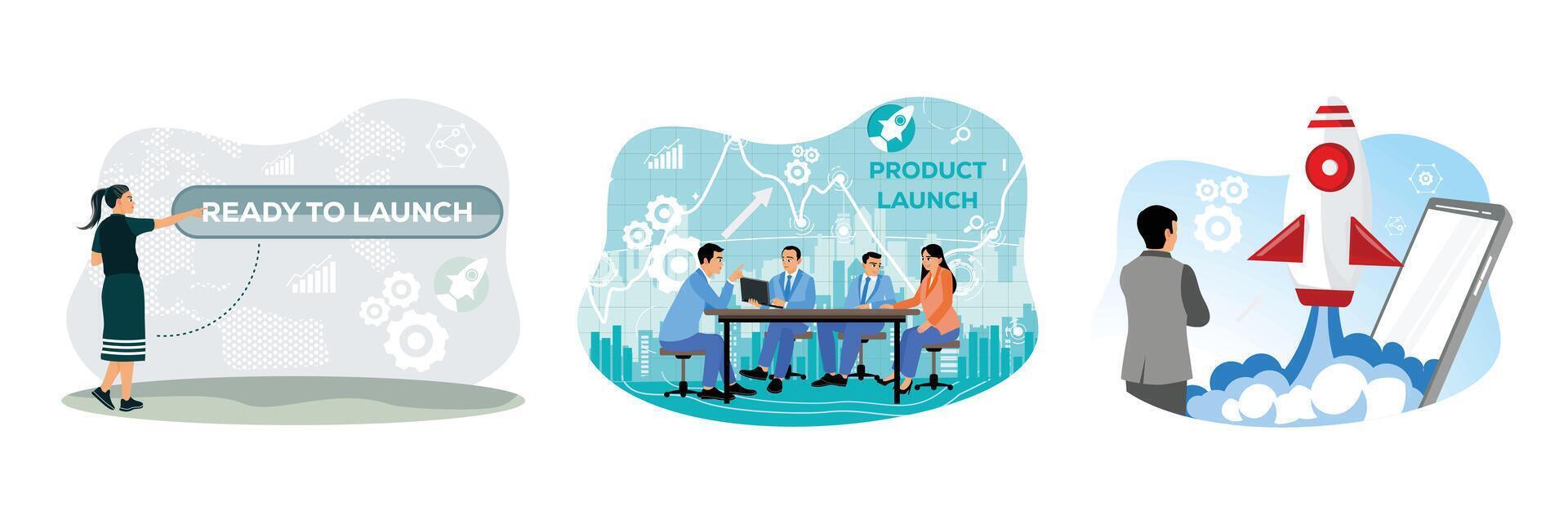 Business meetings discuss startup product launches and marketing strategies. vector