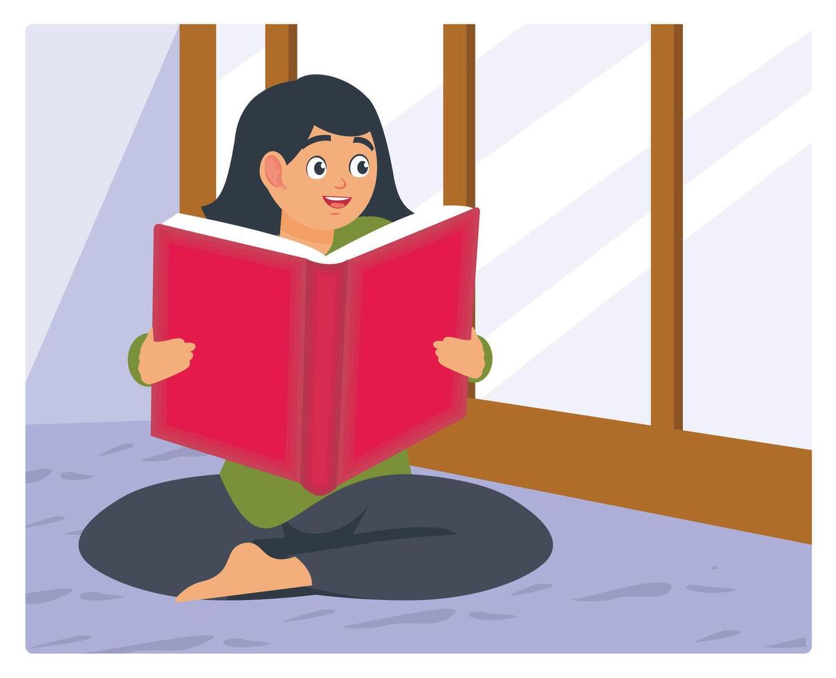 Little Girl Reading a Large Book While Sitting Near Window. vector