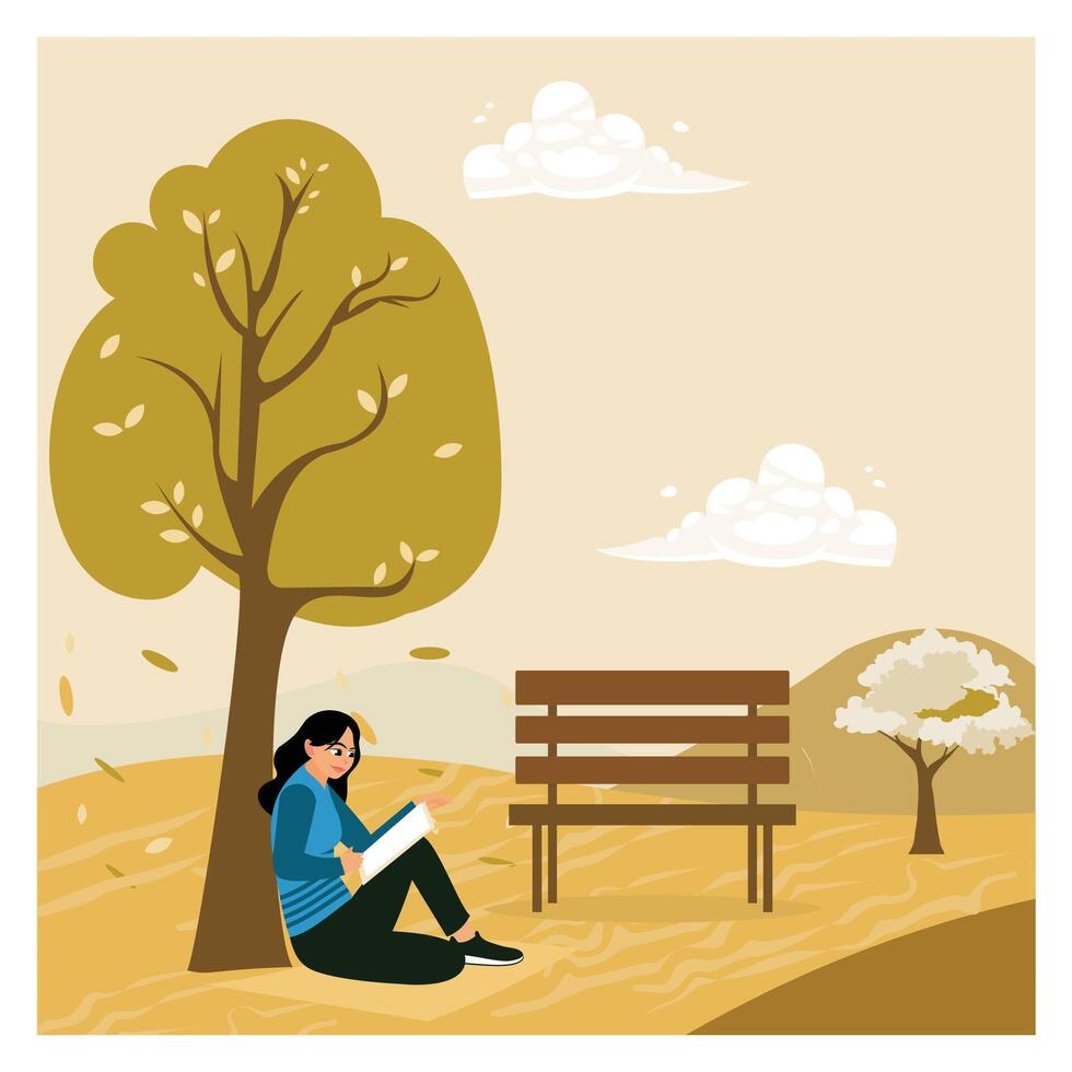 Woman reading a book under a tree in an autumn park. vector