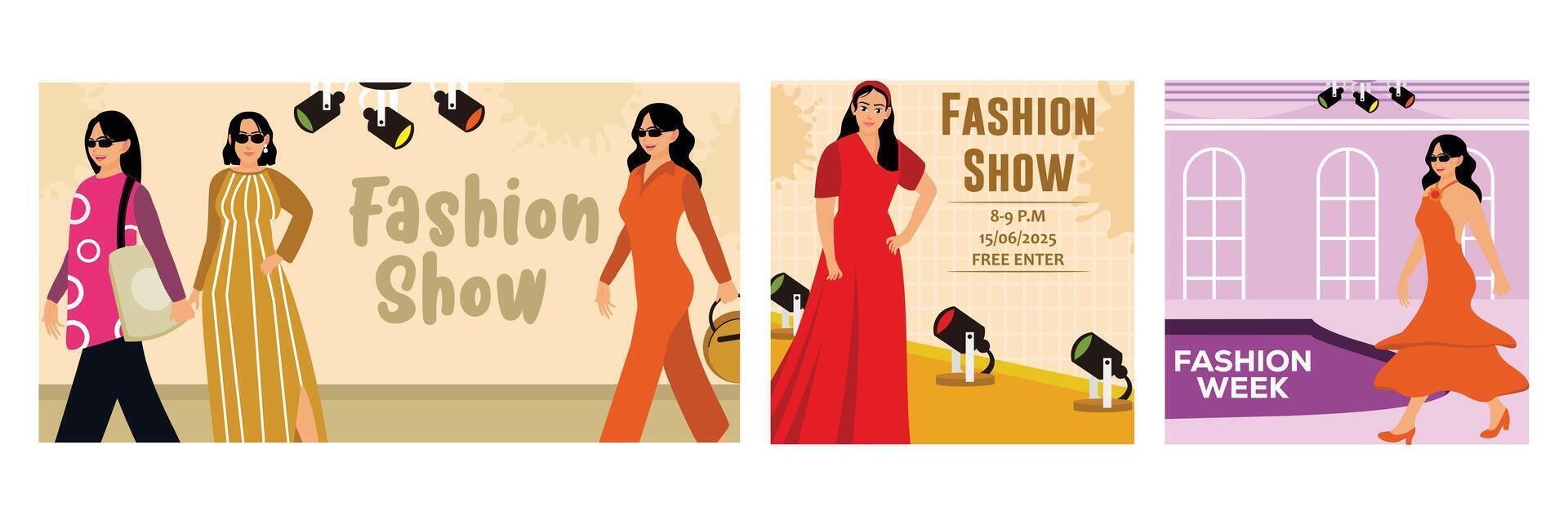 Fashion show poster with female models on the catwalk and event details. vector