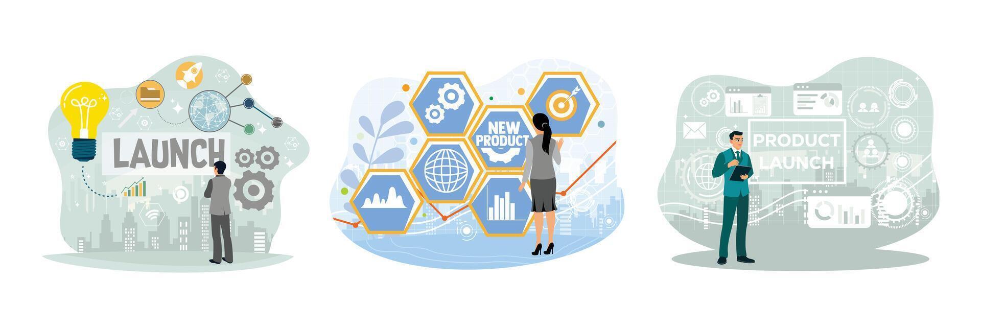 Entrepreneurs analyze growth data and launch new products. vector