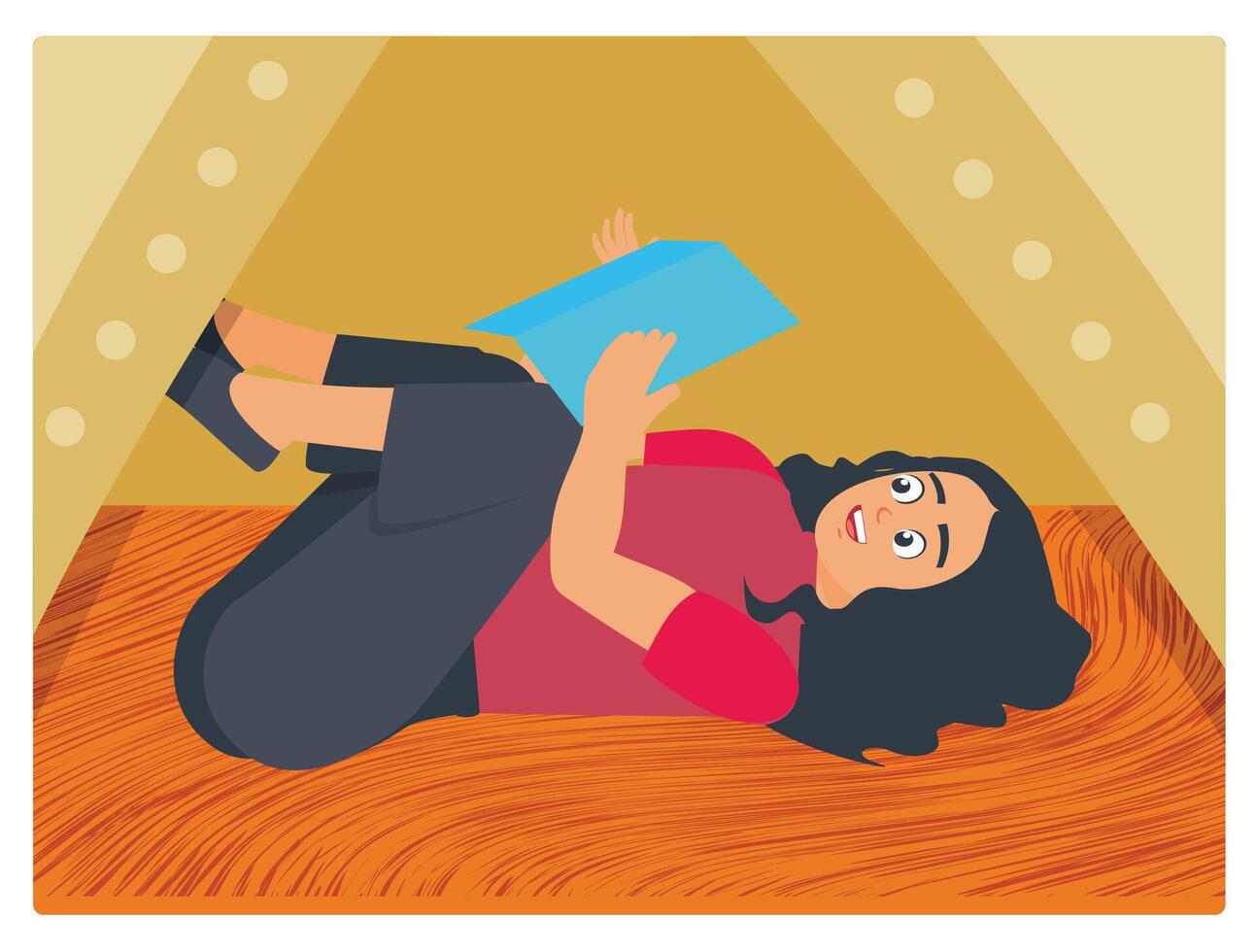 Young Woman Enjoying Book While Lying in Play Tent at Home. vector