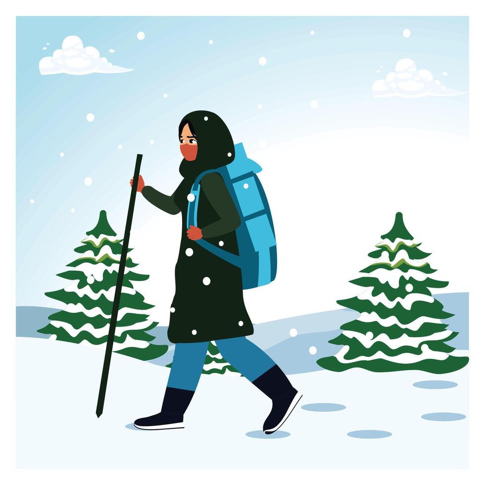 Young woman hiking in snowy forest with backpack and walking stick. vector