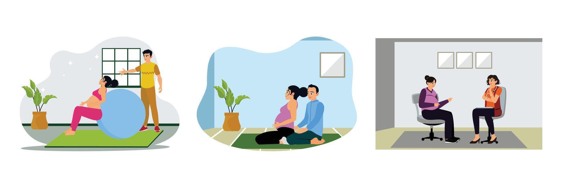 Pregnant women exercise with stability balls, practice yoga, and consult with doctors. vector