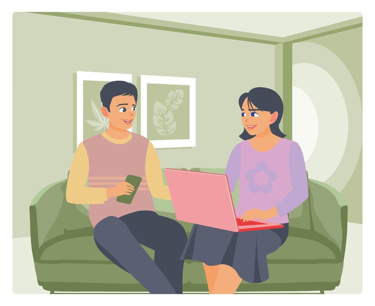 Happy Couple with Laptop Spending Time Together at Living Room. vector