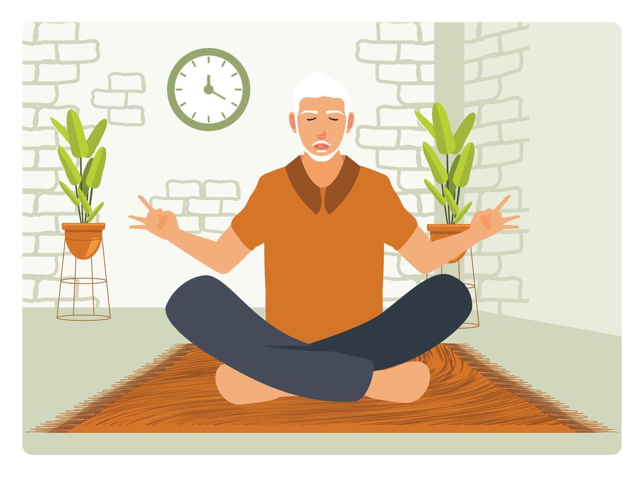 Senior Man Meditating, Yoga Asana in Lotus Pose Landing at Home. vector