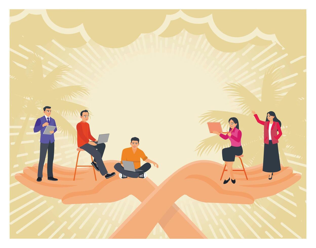Employee Care Wellbeing at Workplace Support with Professionals Tiny Office Workers on Giant Hands. vector