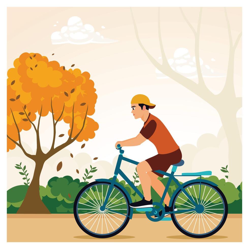 Young person riding a bicycle through an autumn landscape. vector