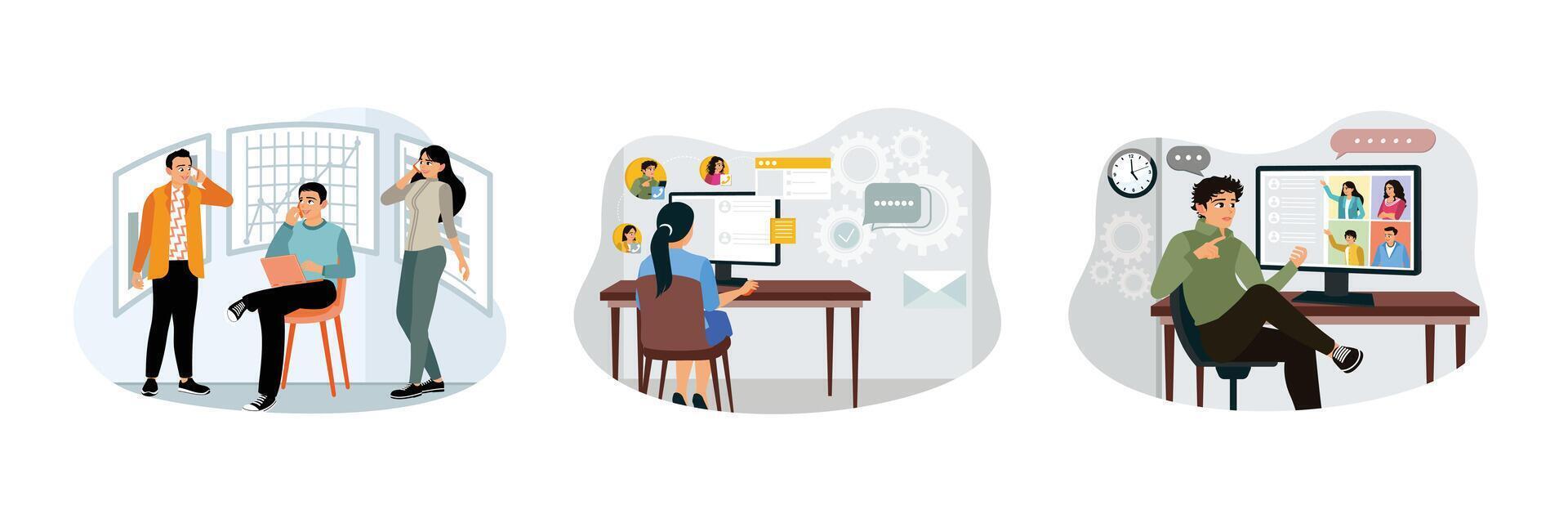 Support service operators talk to customers and hold virtual meetings. vector