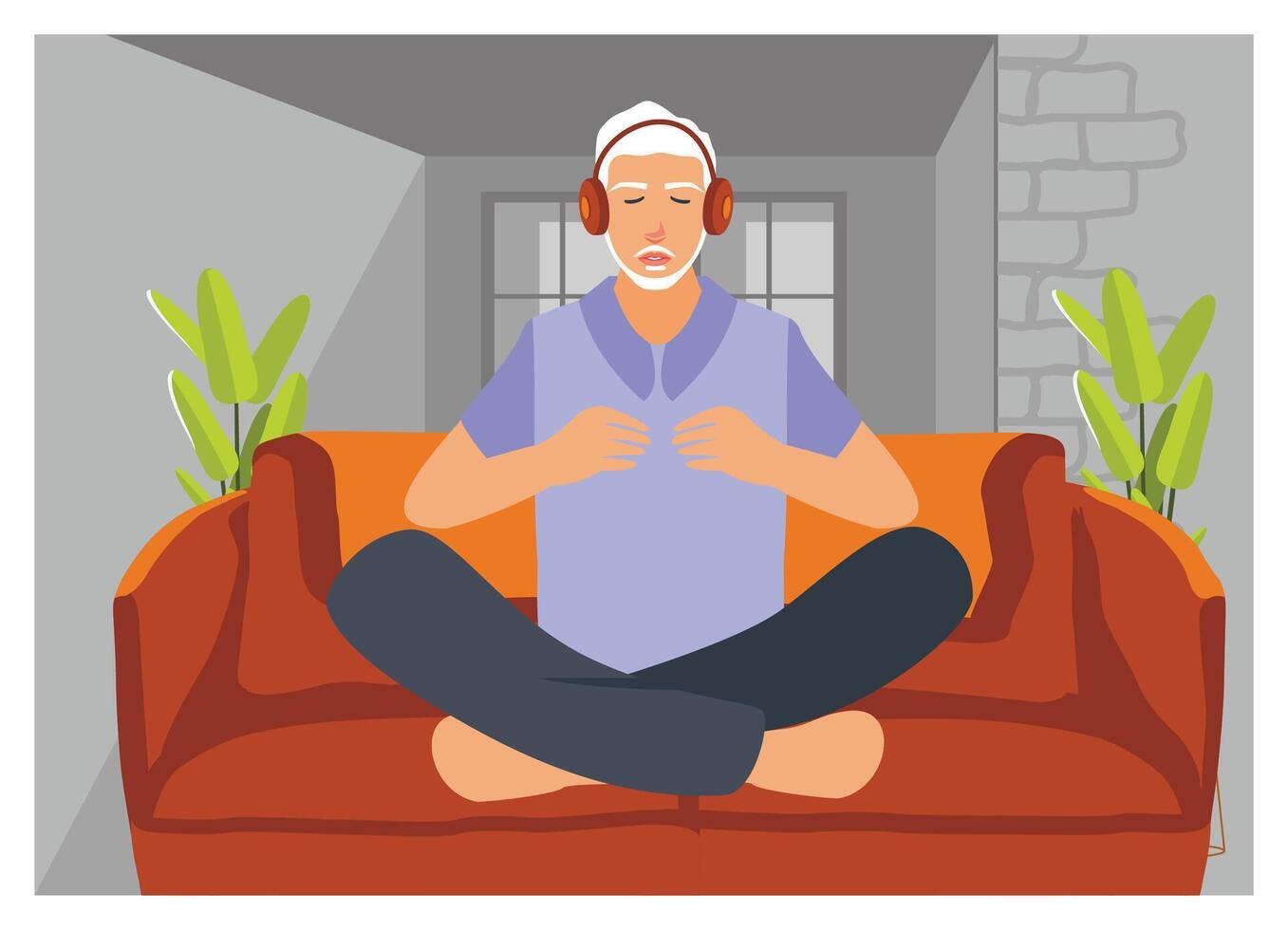 One Senior Man Closes Eyes for Guided Yoga or Meditation Training with Headphones at Home. vector