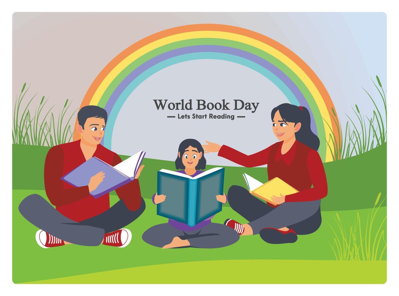 Family Reading Together Celebrating World Book Day Outdoors with a Rainbow. vector