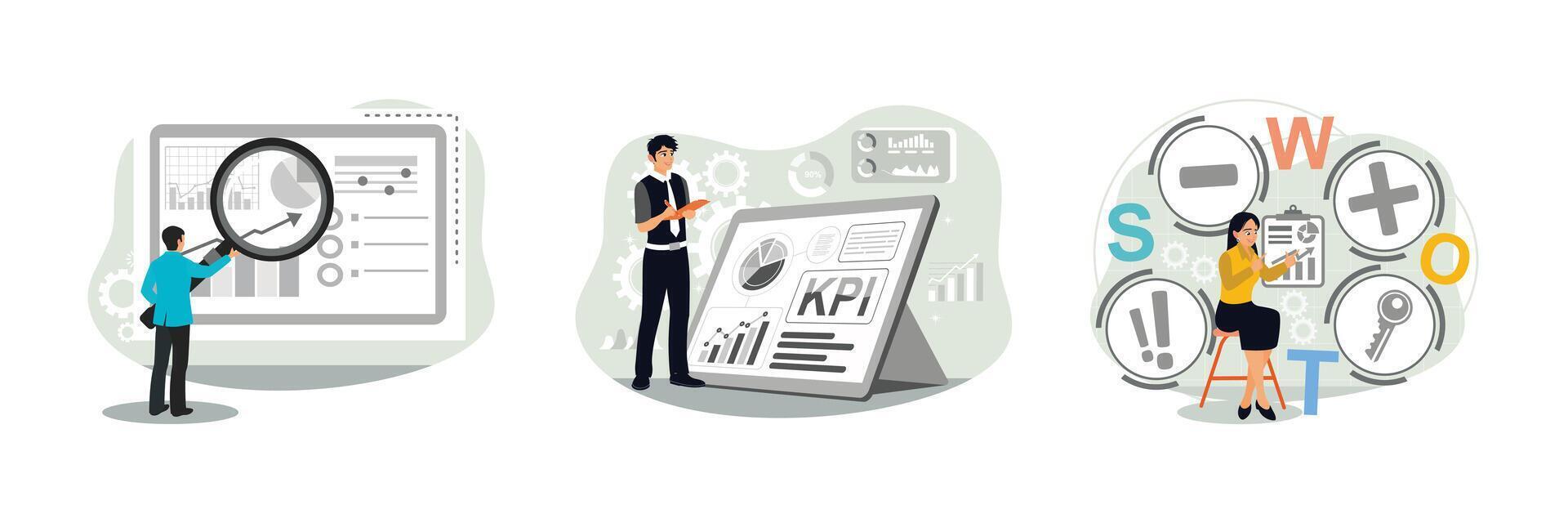 Entrepreneurs analyze key performance indicators with graphs and charts. vector