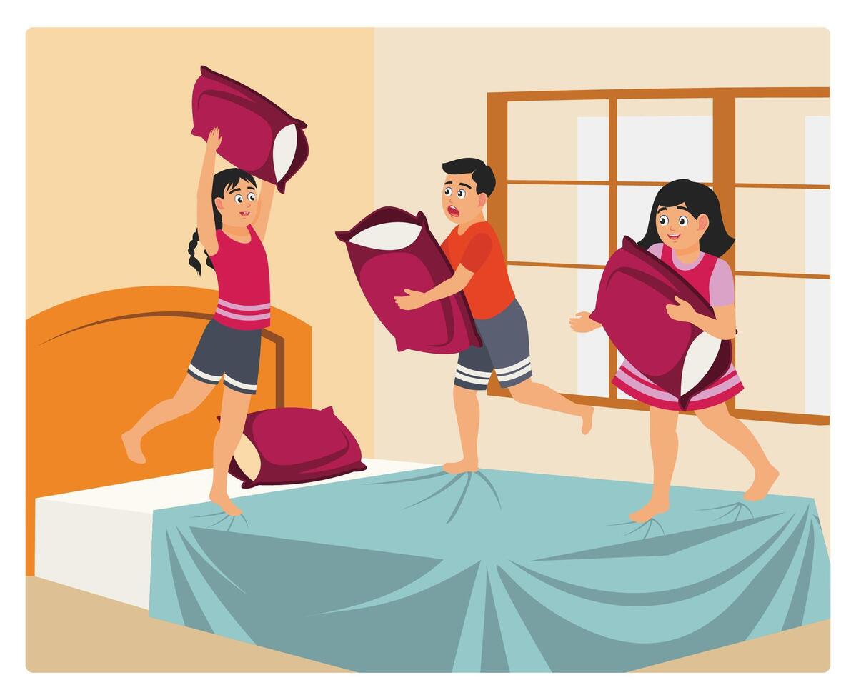 Overjoyed Children Enjoying a Fun Pillow Fight on bed in Bedroom at Home. vector