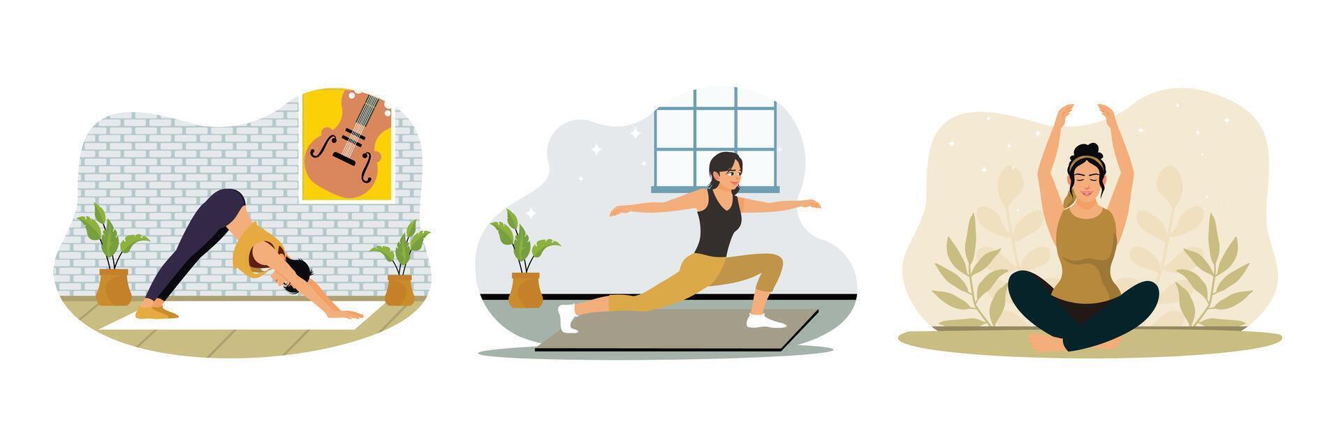 A girl practices yoga on a mat indoors, training her balance and strength. vector