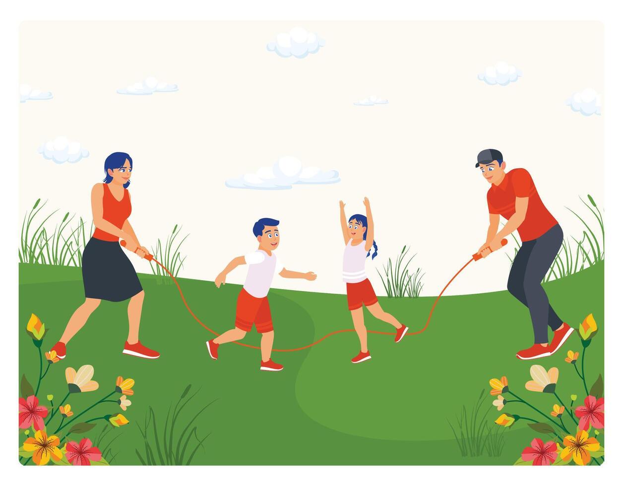Happy Family Playing Jump Rope Together Outside on a Sunny Day. vector