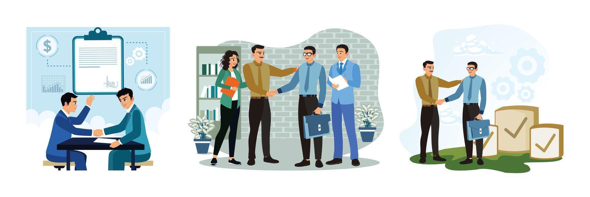 Professional business people shake hands, engage in business meetings, and collaborate in the office. vector