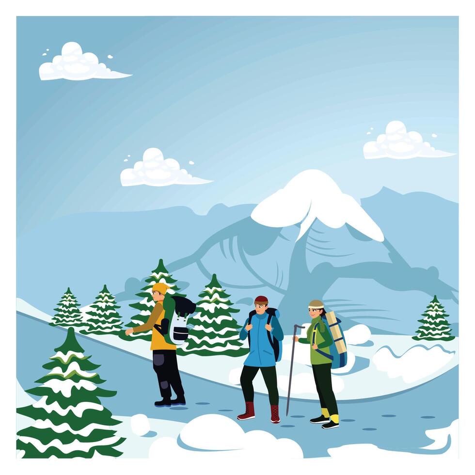 A group of climbers go on a mountain climbing expedition and sport during winter. vector