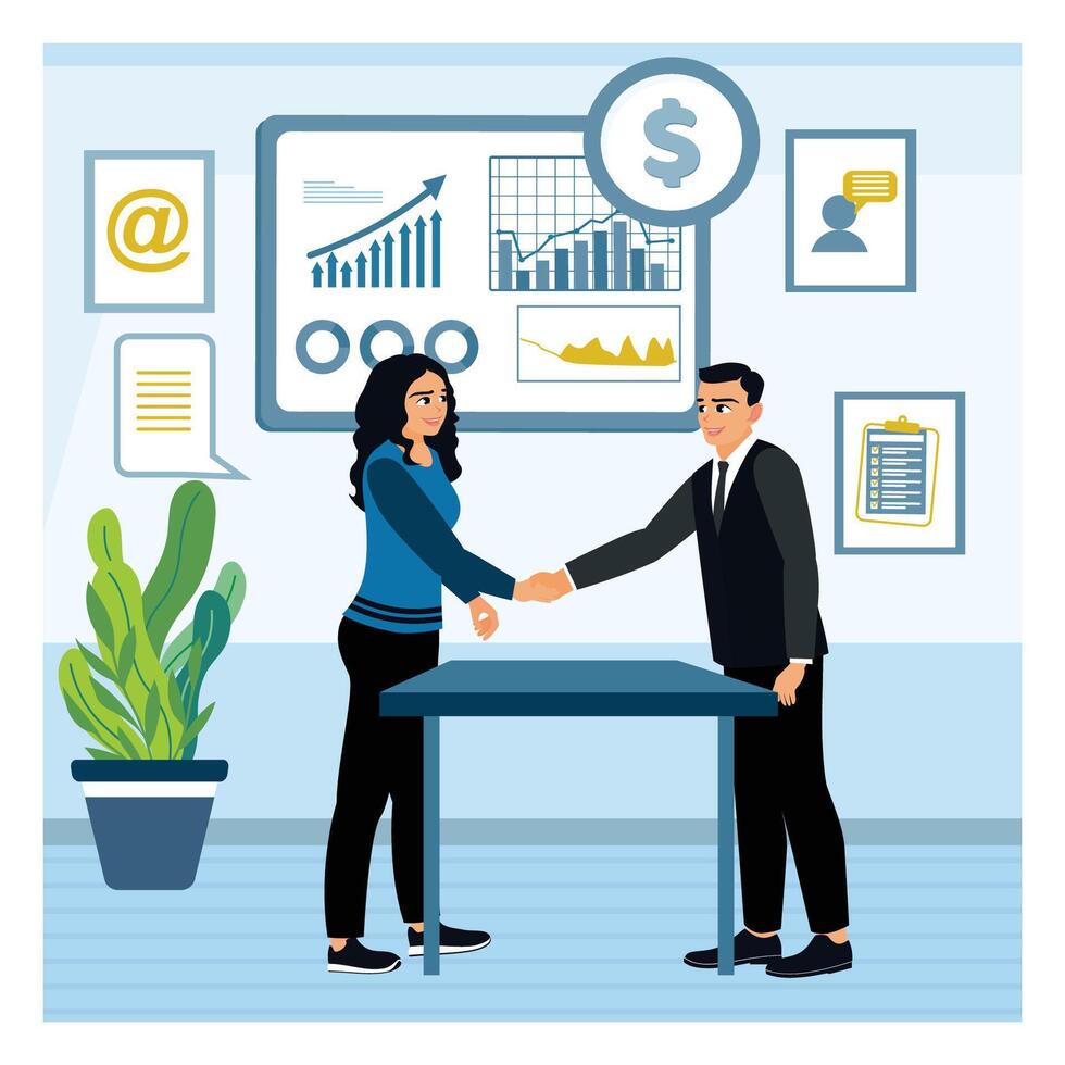 Two business partners shake hands after reaching a mutually beneficial agreement. vector