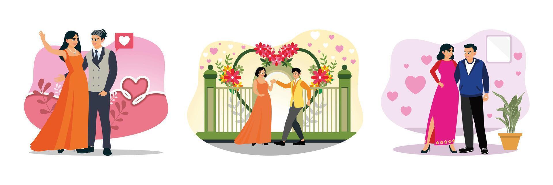 A couple dressed elegantly and romantically in a romantic moment and become a happy family. vector