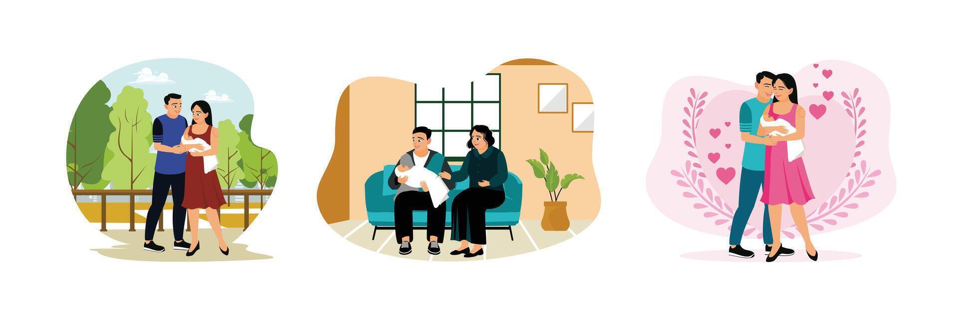 A happy family enjoying time together, sitting together on the couch, and taking care of the baby. vector