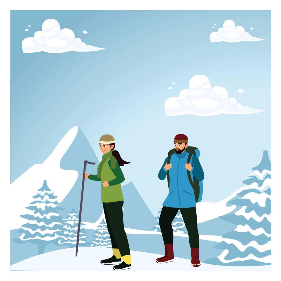 Mountain man and woman couple climbers with backpacks walking via heavy snow. vector