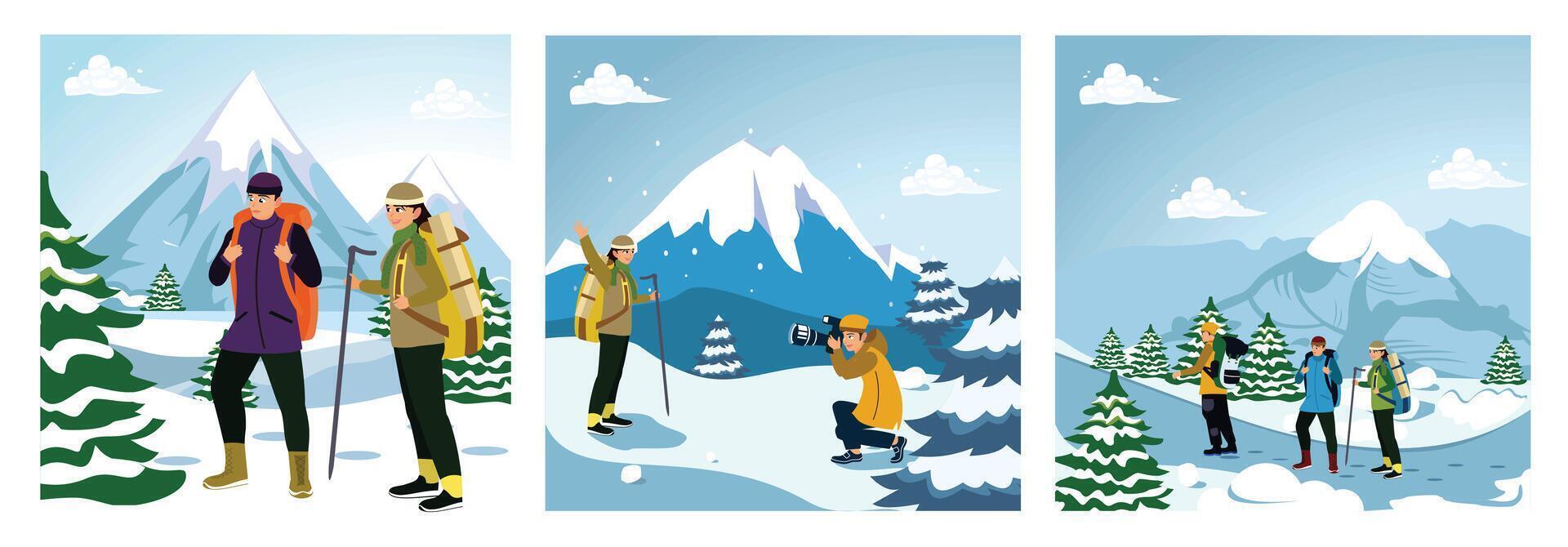 Male and female climbers climb the mountain, taking pictures, using winter equipment and clothes. vector