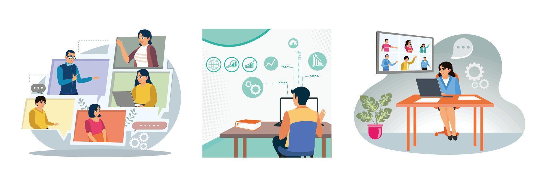 A businessman communicates online with colleagues via call. vector