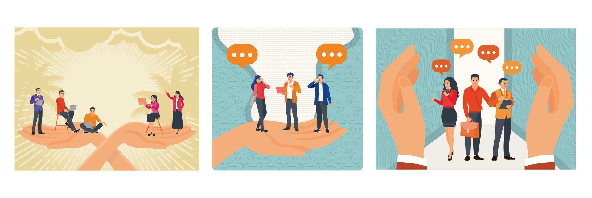Tiny Workers on Giant Hands. Boss Takes Care of His Subordinates. Wellbeing in Hand Frame. vector