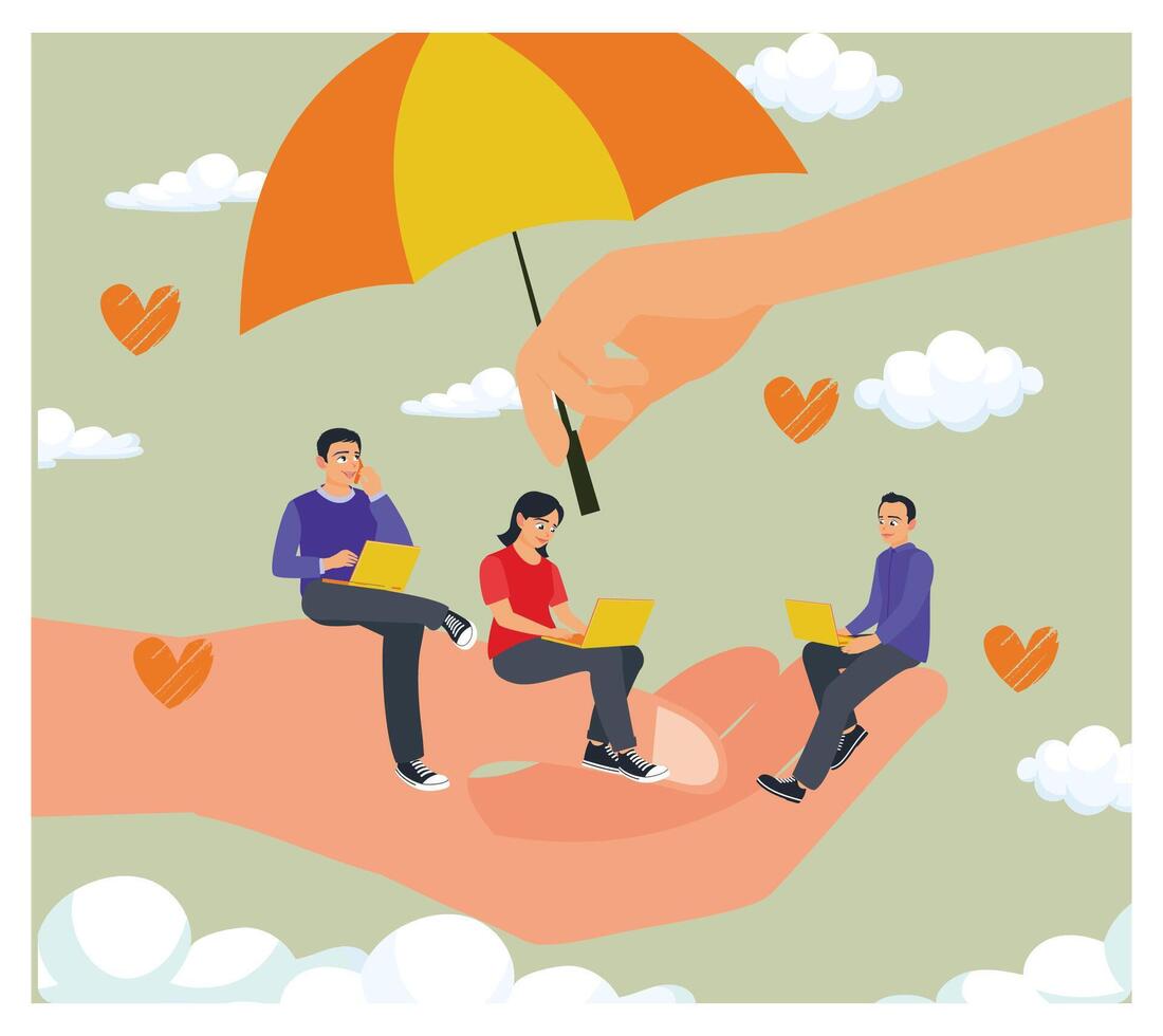 Tiny Workers at Giant Hand of Employer and Beneath Protective Umbrella. vector