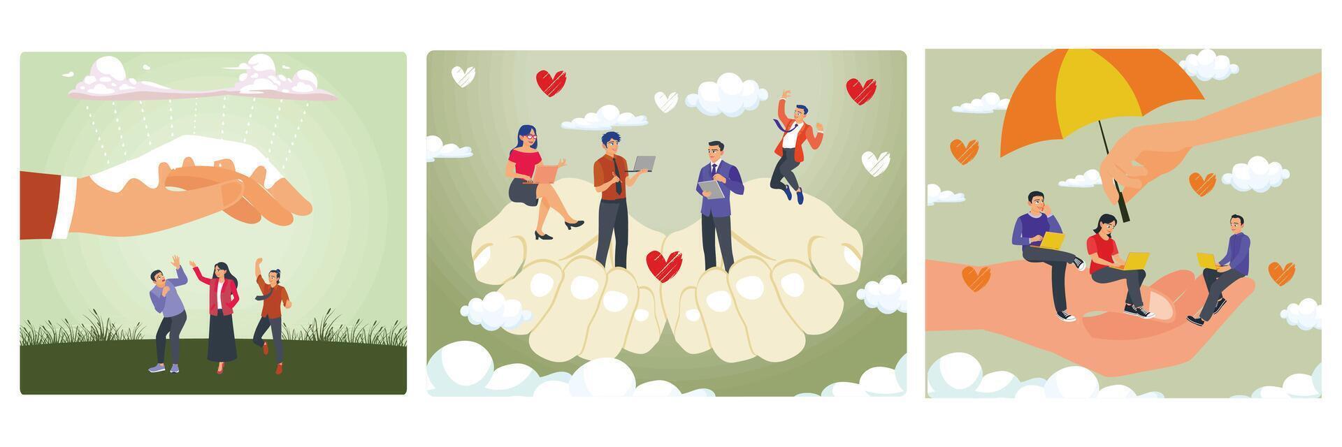 Worker Insurance or Protection. Caring Hands Brings Tiny Employees. Tiny Workers at Giant Hand. vector