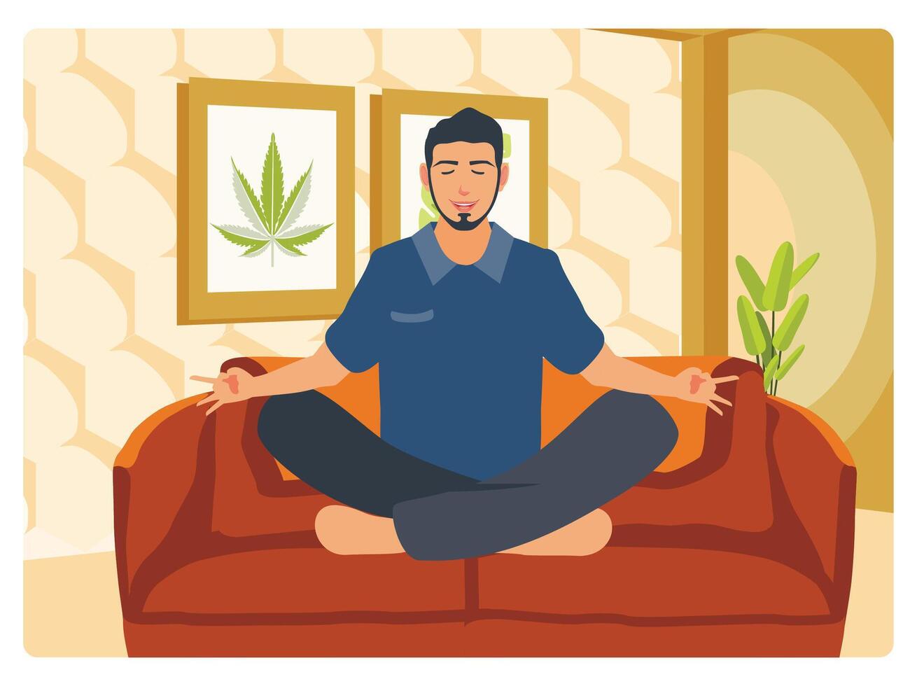 Young Man with a Beard Sitting on the Couch and Practicing Meditation, in Casual Clothes. vector