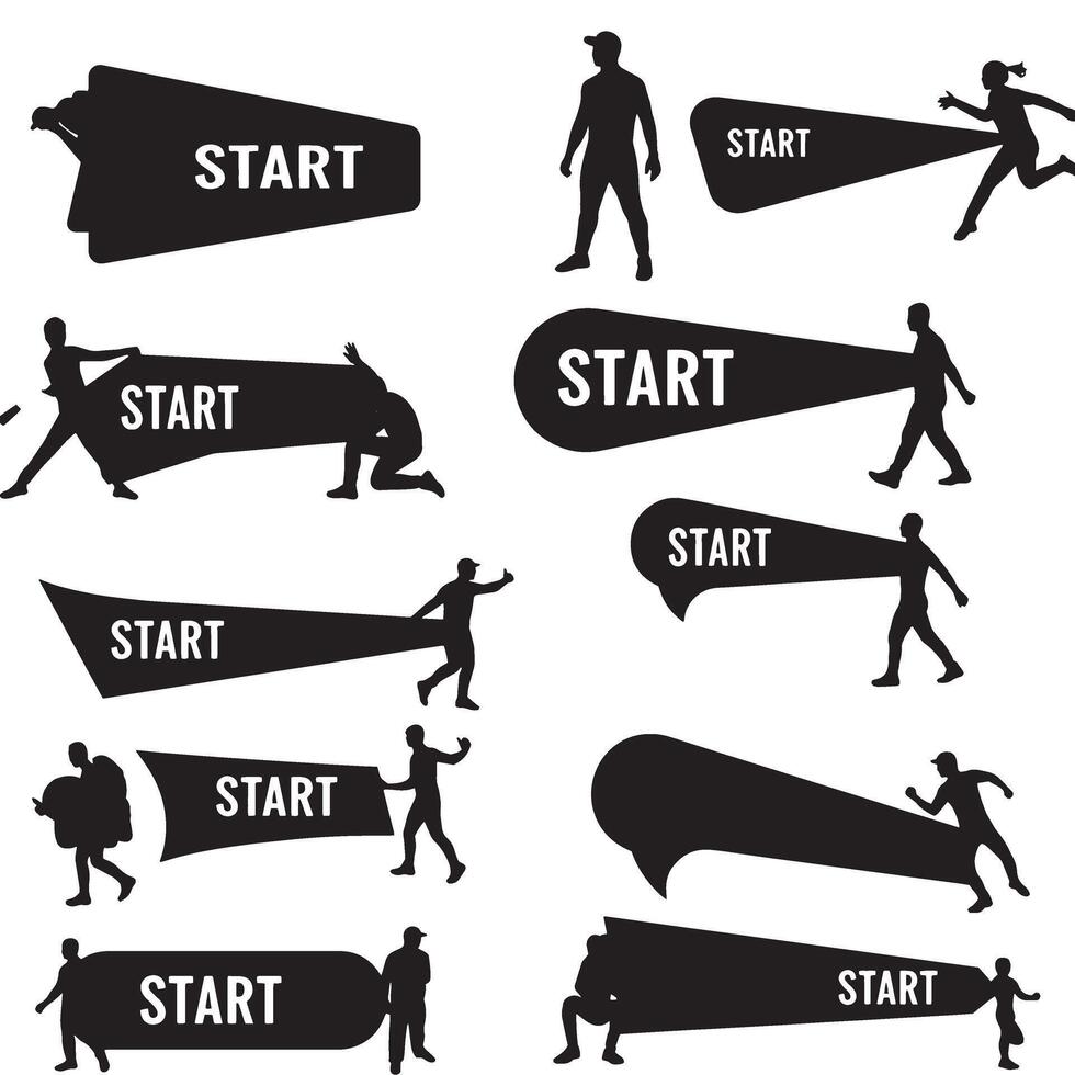 Start ribbons banner element set silhouette bundle with decorative label and scroll banner shapes for use vector