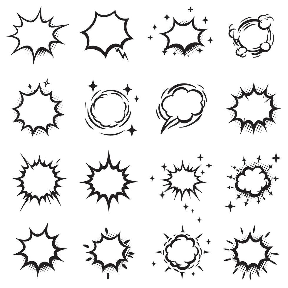 Decorative doodle line burst shapes with glowing sparkle stars and silhouettes ideal for creative design illustrations vector