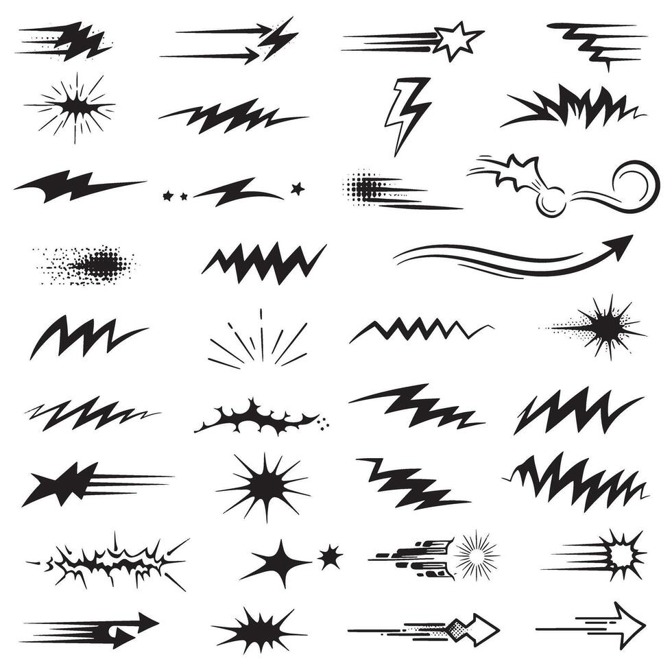 Silhouette set of comic line sparkle and burst movement for cartoon accents and manga stroke illustrations vector